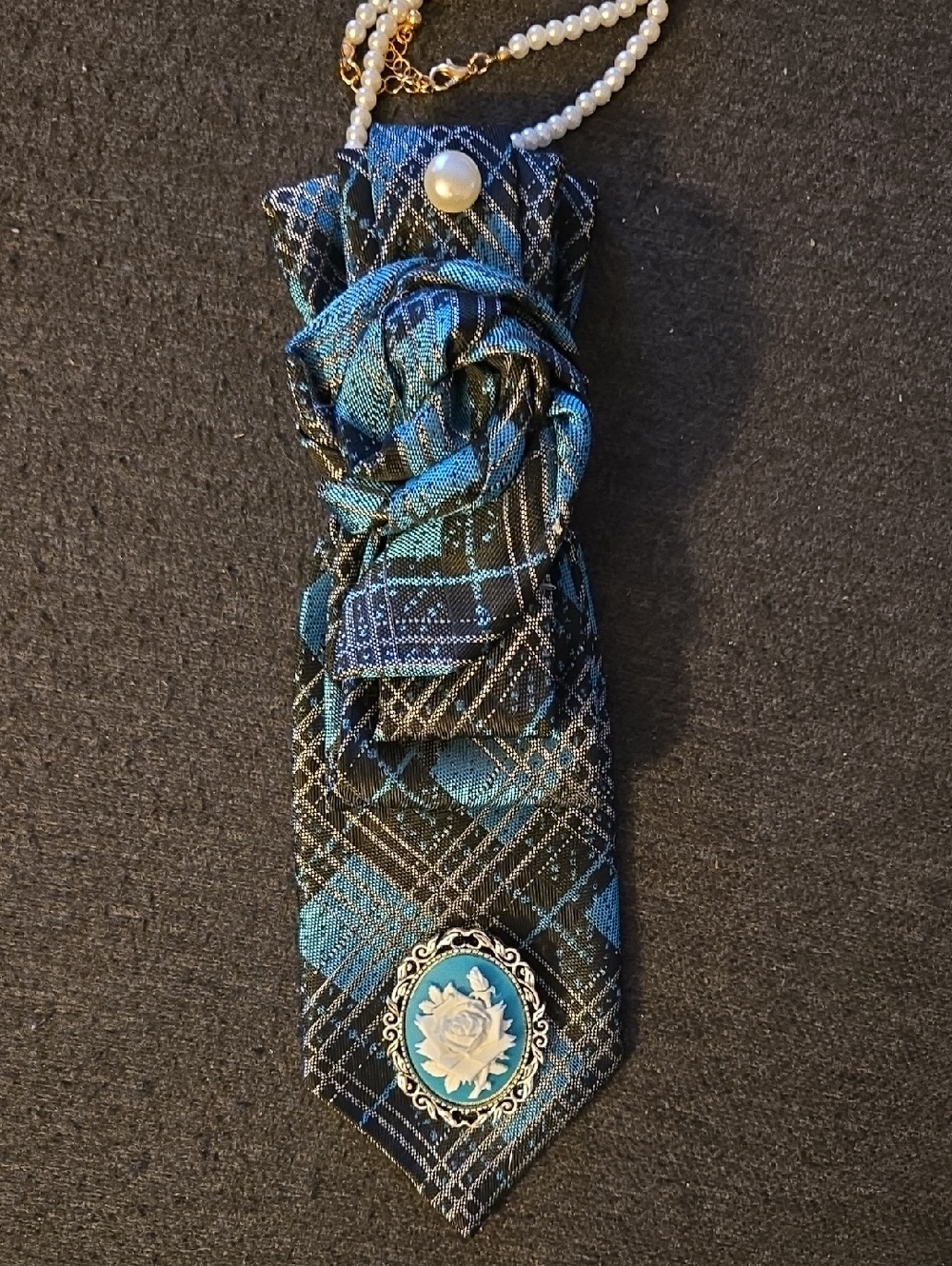 3/$60 Blue and Black Plaid Folded Cravat with Folded Rosette and Cameo